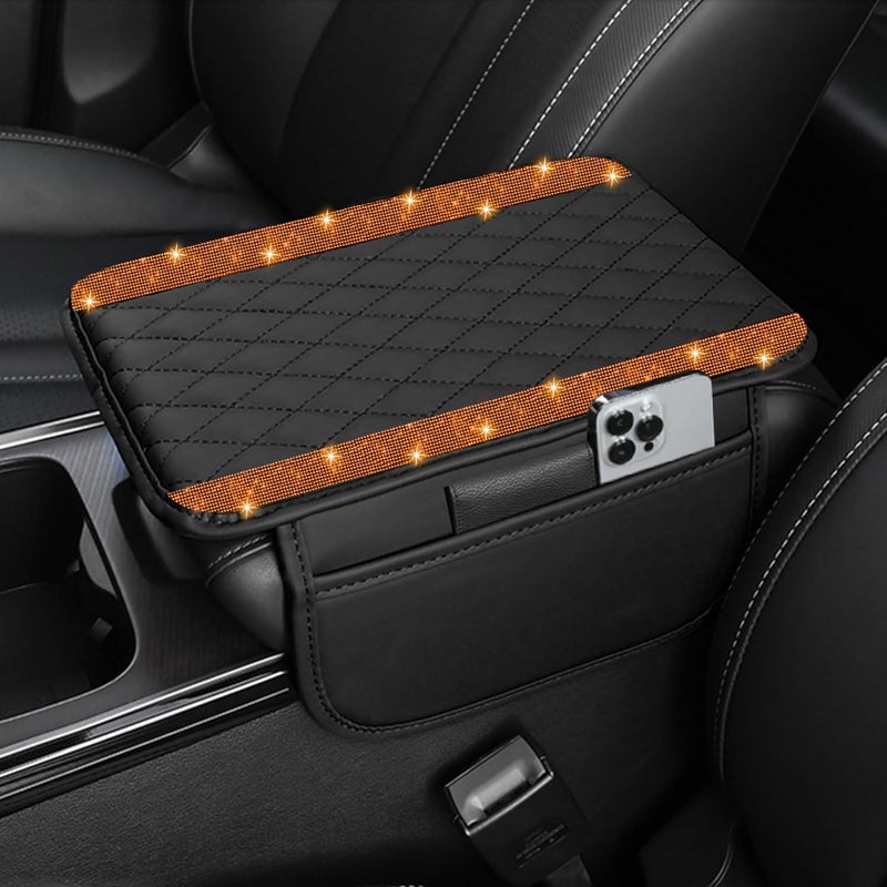 NBTEPEM Bling Car Center Console Cover, Leather Car Arm Rest Cover Cushion with 2 Storage Bags, Universal Auto Armrest Protector Storage Box, Bling Accessories Interior for Most Vehicles (Orange Diamond) - Image 1
